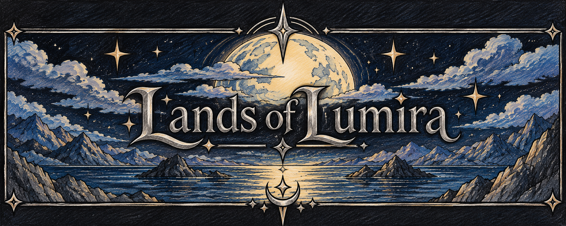 Lands of Lumira, a golden moon above a mountain-ringed sea